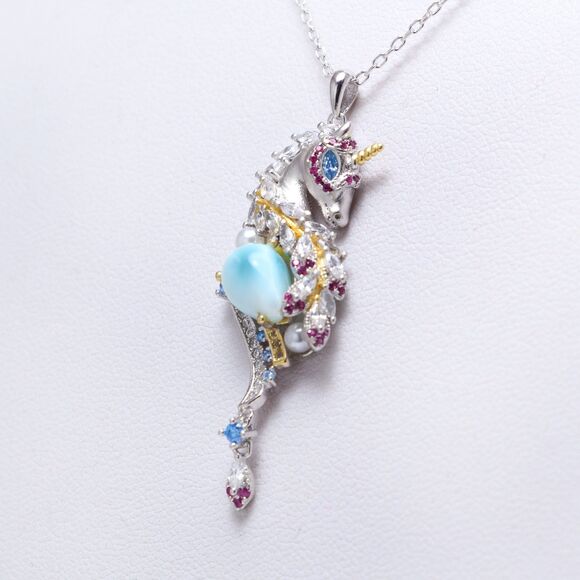 925 Sterling Silver UNICORN NECKLACE, LARIMAR Necklace, Unique Larimar Necklace - Picture 5 of 10